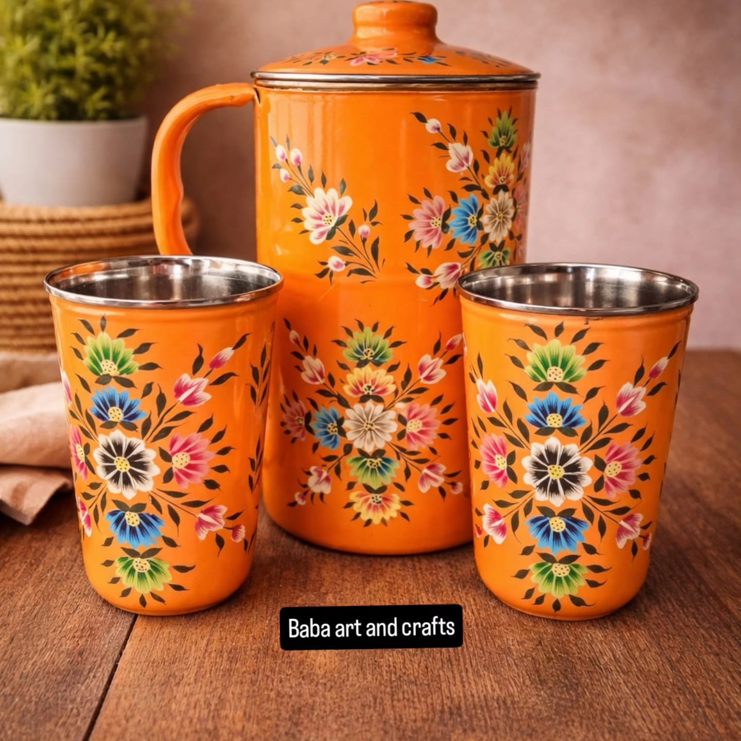 Hand painted jug set, Enamel Ware utensils,Enamelware jug set with 2 hand painted steel glass , kashmiri enamelware, hand painted pitcher